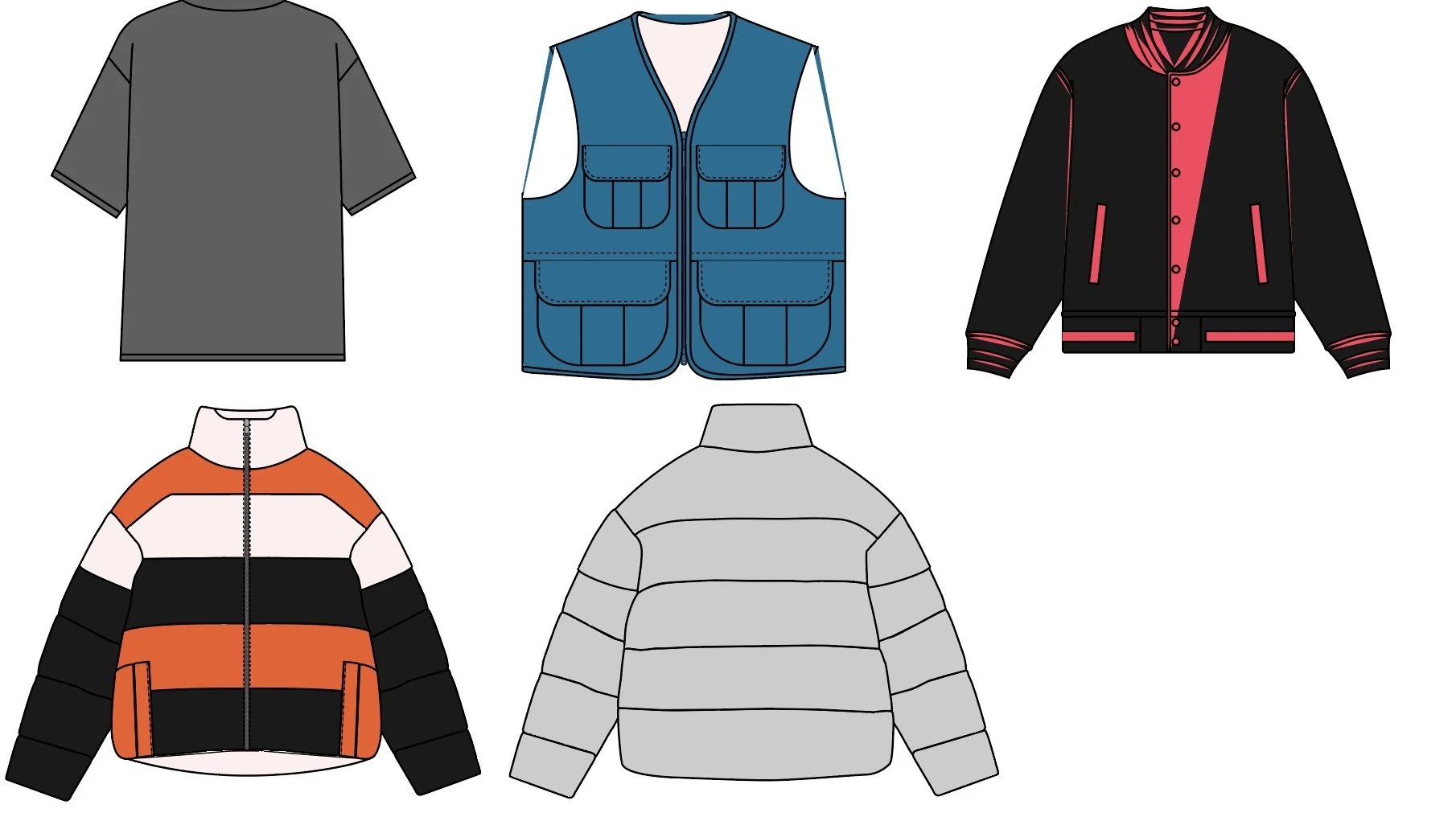 Garment concept sheet — exploring different silhouettes.