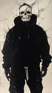 Skull-faced figure in a dark outfit